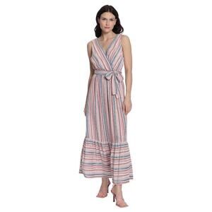 Donna Morgan Pink Ginger Ivory Aramina Striped Vneck Maxi Dress 14W NEW